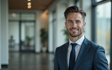 Fototapeta premium Smiling man in suit standing in modern office
