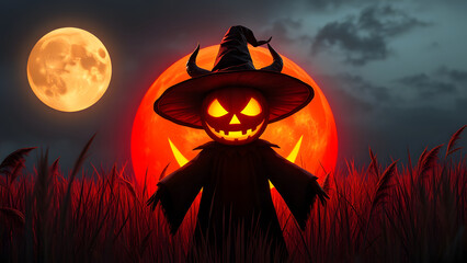 Naklejka premium A digital illustration shoot from a front camera angle about a halloween scene featuring a jack-o-lantern figure standing in tall grass with a full moon in the background. the image also shows a glowi