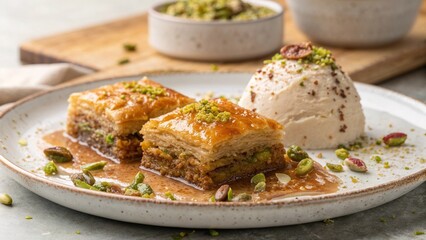 Delicious baklava with pistachios and ice cream on a white plate drizzled with syrup