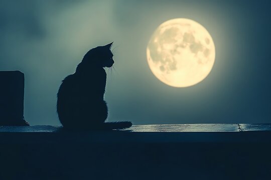 Black cat silhouette against a full moon on a rooftop