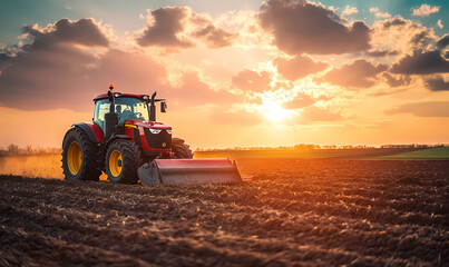 Fototapeta premium Tractor plowing through a field, isolated under a bright sky, symbolizing agriculture, hard work, and the rural lifestyle
