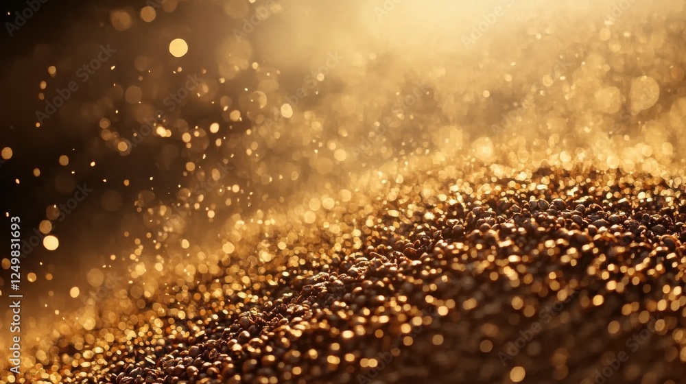 Poster shimmering golden particles scattered across a surface, creating a magical atmosphere with light
