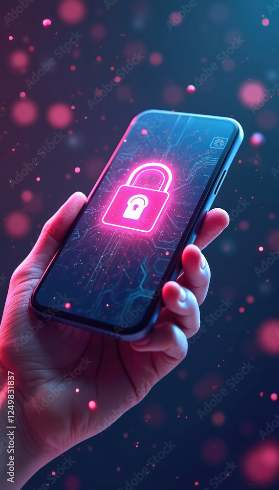 Poster hand holds smartphone. mobile security tech displayed. data protection concept. secure phone display