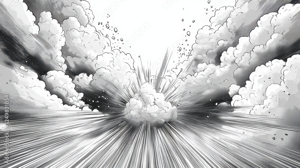 Poster an explosion depicted with dynamic lines and clouds, emphasizing motion.