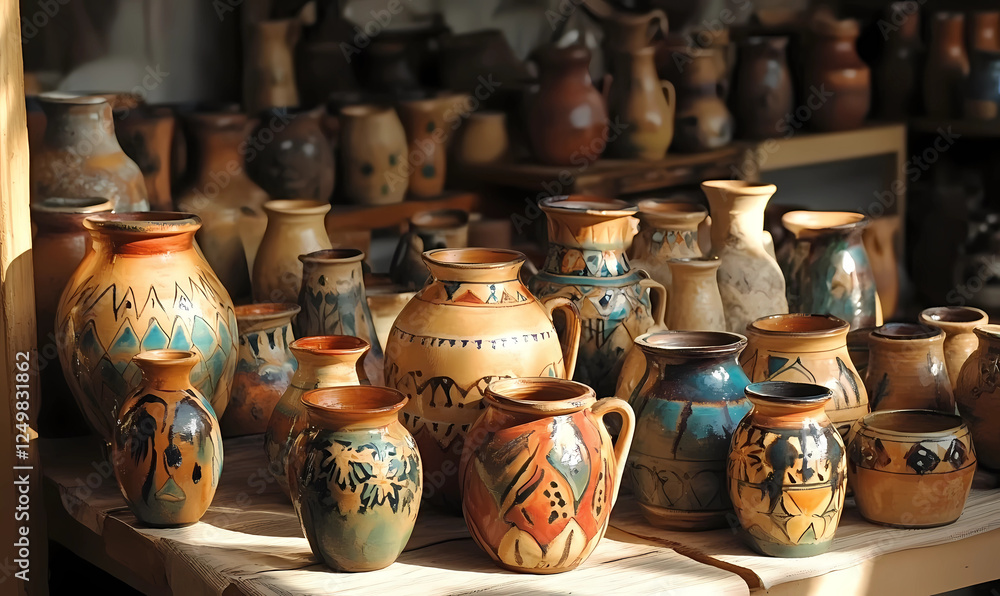 Wall mural Hand-painted pottery at a craft market scene, bathed in sunlight, capturing artisan craftsmanship and cultural beauty