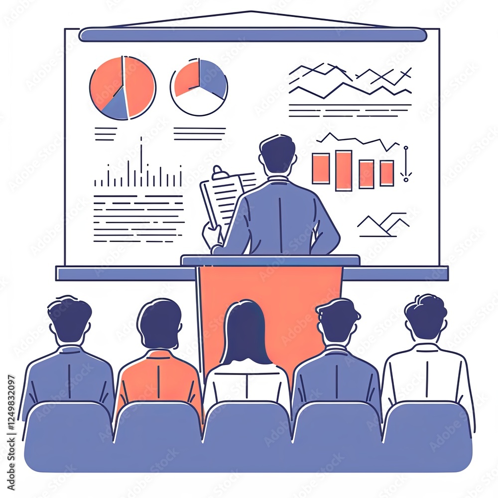 Poster professional seminar with presenter explaining data to attentive audience