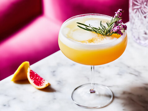 modern cocktail with floral garnish in a restaurant setting
