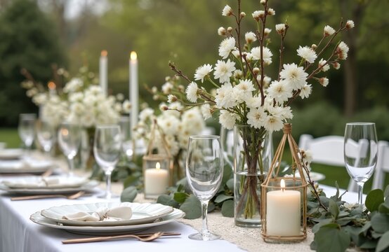 Elegant eco-friendly wedding reception table decor. Rustic style with fresh spring flowers. White flowers in vases. Candles on table. Glassware. Outdoor setting in garden. Romantic ambiance.