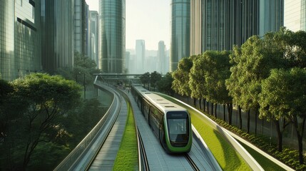 Futuristic green transport system in a modern city with nature blend
