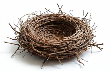 Obraz premium Empty bird nest made from twigs. Isolated on white background. Natural object. Cute illustration. Perfect for spring, Easter or nature themes. Ideal for kids or animal lovers. Graphic element.