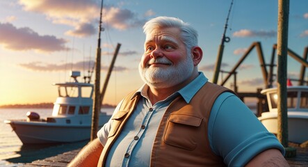 Elderly chubby Caucasian man relaxed short white hair brown vest on fishing dock during sunrise background 3d illustration