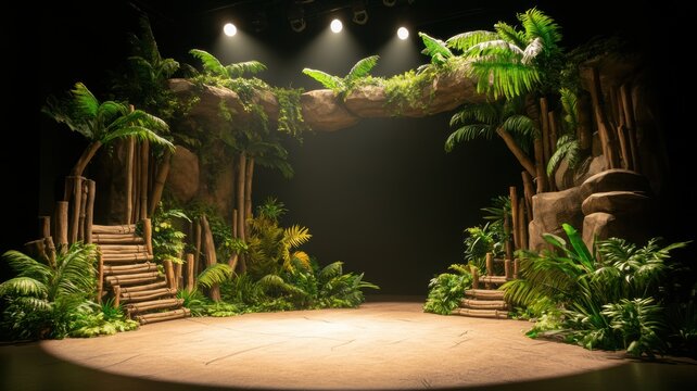 Tropical jungle-themed stage setup, perfect for theater, events, or film productions. Lush jungle stage setting under spotlight for event