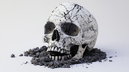 Abstract depiction of a cracked skull amidst uneven dirt, faint shadow casting depth onto a pure white background, evoking solitude and mystery