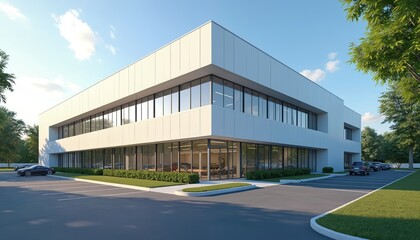 Obraz premium Modern white commercial R, D building with large windows. Exterior view of corporate facility. Plenty of parking spaces visible. Successful business, tech enterprise. Probably workplace tech