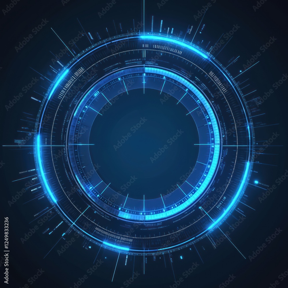 Poster futuristic circle interface displays complex data, tech info on dark blue background. abstract desig