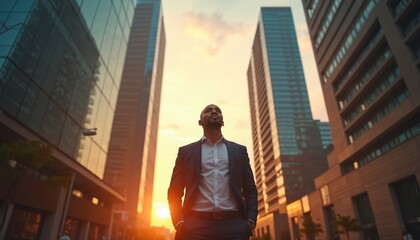 Successful businessman contemplates future vision in urban setting at sunset. Confident executive stands amidst modern skyscrapers in big city. Dressed in suit, looking forward to future achievement.