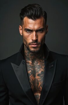 Handsome tanned Italian man with tattoos on chest, neck wears black luxurious suit. Looks directly at camera with confident, sensual gaze. Modern charismatic rich mafia boss novel protagonist posing