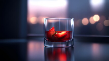 Create a minimalist composition featuring a glass cup filled with bright red liquid, set on a glossy white surface. The strong, angular highlight