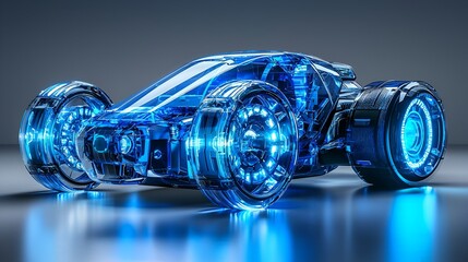 Futuristic transparent vehicle, glowing blue, studio shot, technology concept