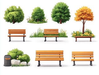 A collection of park elements including benches, trees, and greenery.