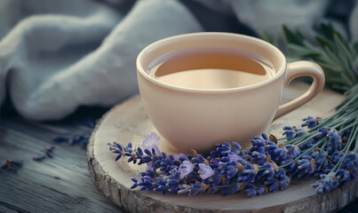 Cup of fragrant lavender tea with dried flowers on the side, offering relaxation and tranquility for tea lovers