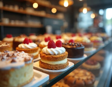 Delicious cakes displayed in pastry shop. Various types of cakes on glass shelves. Sweet treats with cream, fruits showcased. Bakery business offers tempting selection of desserts. Popular cafe