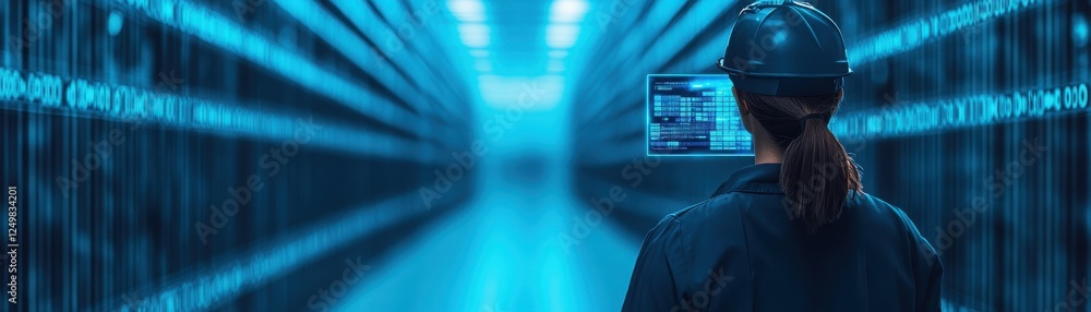 Poster a technician monitors advanced data systems in a blue-lit server room, emphasizing modern technology
