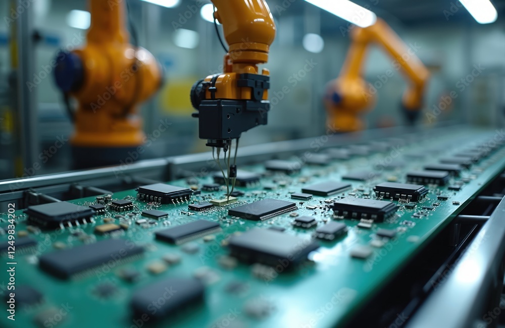 Poster automated assembly line with robotic arm placing components on printed circuit boards in modern tech