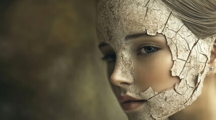 An evocative portrait of a woman with a cracked face, suggesting internal struggles, blending beauty and despair to create a thought-provoking visual narrative.