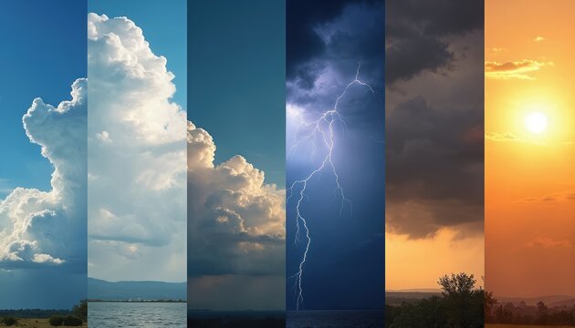 Collage different weather conditions. Sunny skies with fluffy clouds transition to stormy weather with dramatic lightning. Another view shows orange sunset sky. Collage also displays partly cloudy
