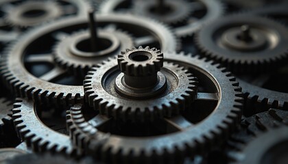 Complex gear mechanism in close-up view. Metal gears interlock in intricate patterns. Illustrates precision engineering. Industrial design prominent. Image perfect for tech topics like machinery,