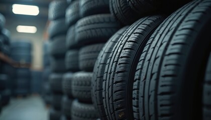 Many tires stacked in warehouse. Storage of auto tires. Closeup view. Organized industrial storage. Automotive parts. Transportation equipment. Rubber tires. Commercial vehicle parts. Efficient