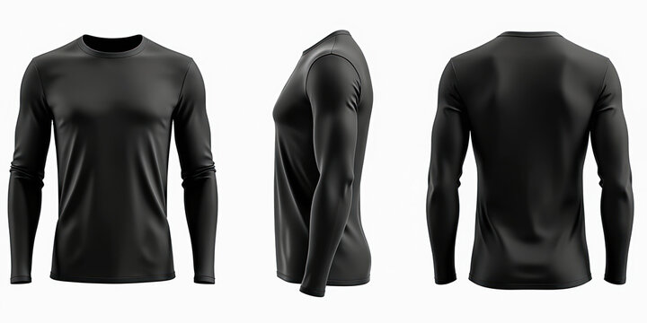 Black long sleeve fitted shirt. Front view back view, half profile. Photorealistic render of minimalist design. Modern versatile casual clothes. Ideal for apparel, fashion design. Blank template.
