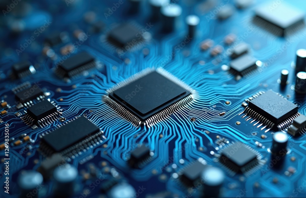 Poster closeup intricate electronic circuit board. blue detailed traces show complex system board design. m