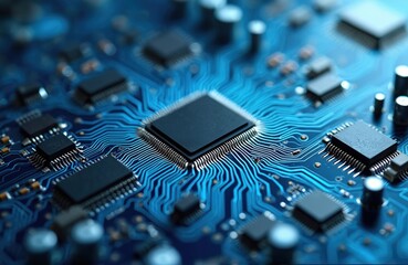 Closeup intricate electronic circuit board. Blue detailed traces show complex system board design. Modern tech components arranged precisely. Advanced logic board provides high-tech functionality.