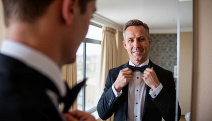 Groom adjusting bow tie in hotel room mirror, wedding preparation