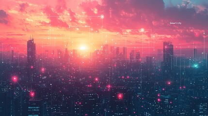 Fototapeta premium Futuristic cityscape with glowing network connections at sunset