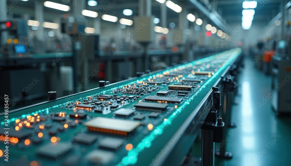 Poster automated assembly line in modern electronics factory. circuit boards move along conveyor belt. comp