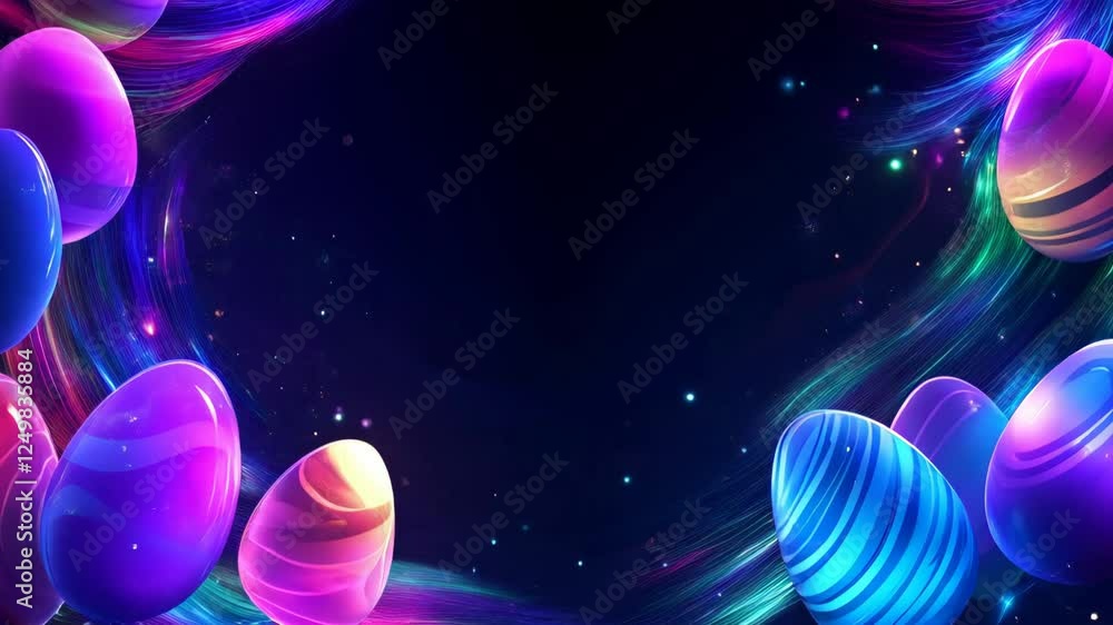 Poster frame with easter eggs with neon glow effect floating on dark background with copy space. holiday ba