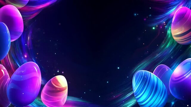 Frame with Easter eggs with neon glow effect floating on dark background with copy space. Holiday background for Easter celebration