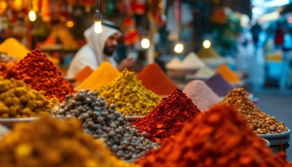 Spices Displayed at Traditional Market Stall with Merchant in Background