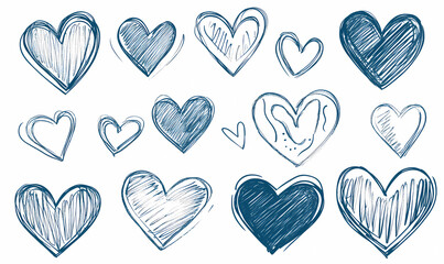 Collection of hand-drawn hearts outlined in 2D, symbolizing love, creativity, and emotional connection for artistic themes