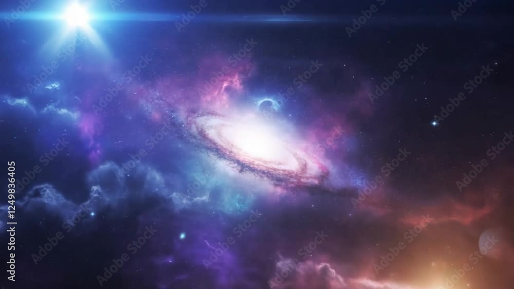 Poster cosmic galaxy animation with bright stars and nebula clouds in deep space. space exploration and ast