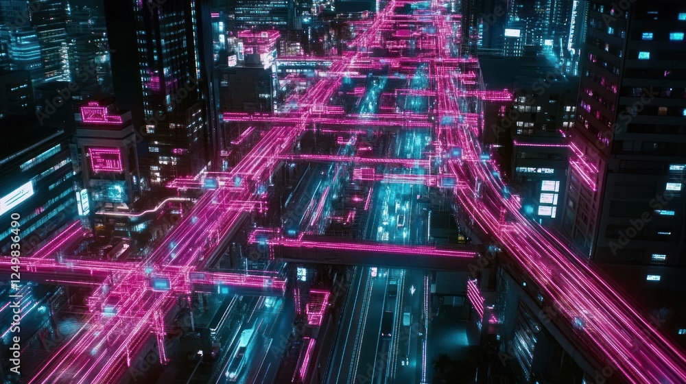 Poster futuristic cityscape with neon lights and data streams in cyberpunk style