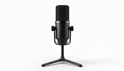 Modern black podcast microphone isolated on transparent background. Studio equipment for audio recording, broadcasting. Pro quality microphone suitable for interviews, content creation. High tech