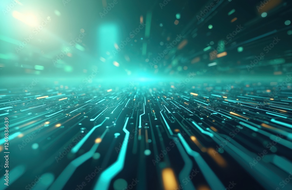 Poster futuristic abstract tech design. light blue, green colors create dynamic pattern resembling circuit 