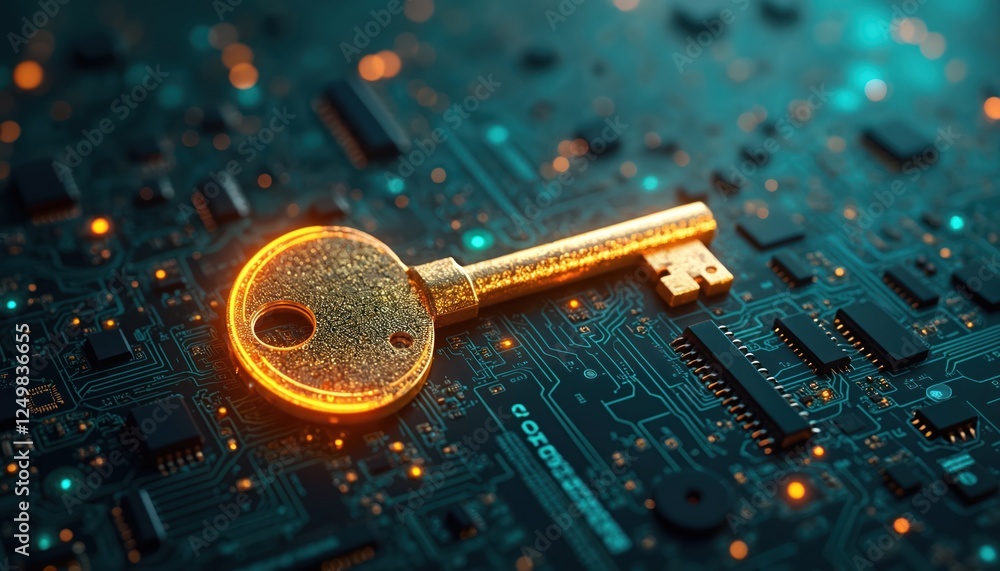 Poster futuristic golden key rests on tech circuit board. innovative security concept. digital age security