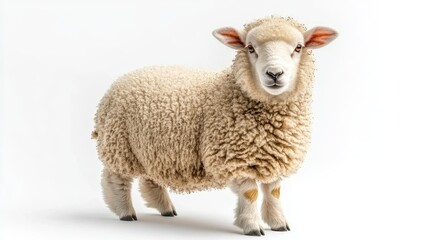 Fototapeta premium A fluffy sheep standing on a white background.