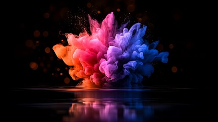 Colorful smoke explosion creating vibrant patterns in dark background with subtle bokeh effect