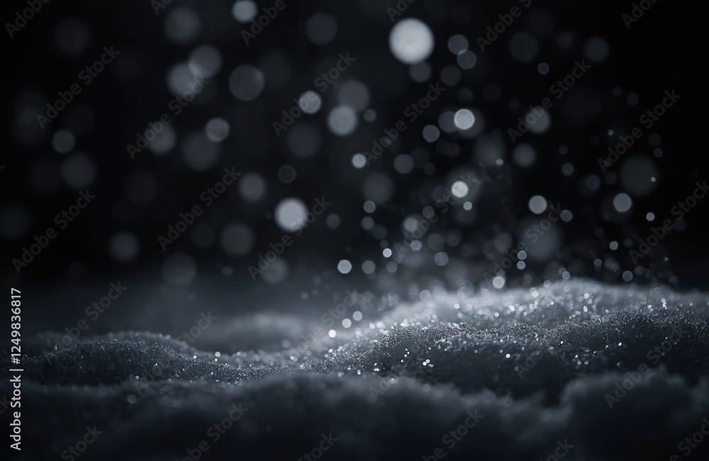Poster dark night scene snowfall on layer of snow. soft white bokeh particles beautifully fall on dark back